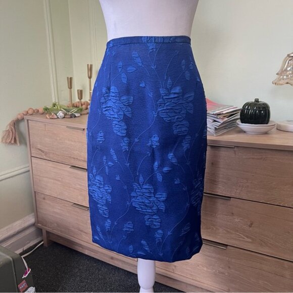 JESSICA HOWARD Vintage Blue Brocade Floral Ruffle Suit Jacket & Skirt Set Sz S-M - Picture 10 of 16